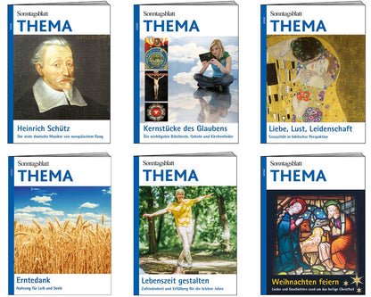 Sechs THEMA-Magazine aus 2022. Oben links ein Porträt von Heinrich Schütz, daneben eine Frau, die in der Bibel liest für das Heft "Kernstücke des Glaubens". Oben rechts eine Darstellung von "Liebe, Lust und Leidenschaft" ein Paar das sich küsst. Unten links steht 'Erntedank' mit einer Ernte-Szene, daneben 'Lebenszeit gestalten' mit einer älteren Person in der Natur. Unten rechts 'Weihnachten feiern' mit einer Darstellung der Geburt Jesu.