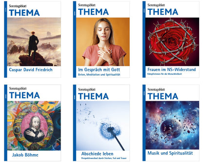 Sechs THEMA-Magazine aus 2024.
Cover der "Sonntagsblatt THEMA-Oben links ein Gemälde von Caspar David Friedrich, daneben "Im Gespräch mit Gott" eine Frau in meditativer Haltung. Rechts oben "Frauen im NS-Widerstand" ein Bild von einer roten Rose mit Stacheldraht. Unten links ein Porträt von "Jakob Böhme", in der Mitte unten "Abschiede leben" ein Foto einer Pusteblume. Rechts unten !Musik und Spiritualität" mit einem Globus und Musiknoten.