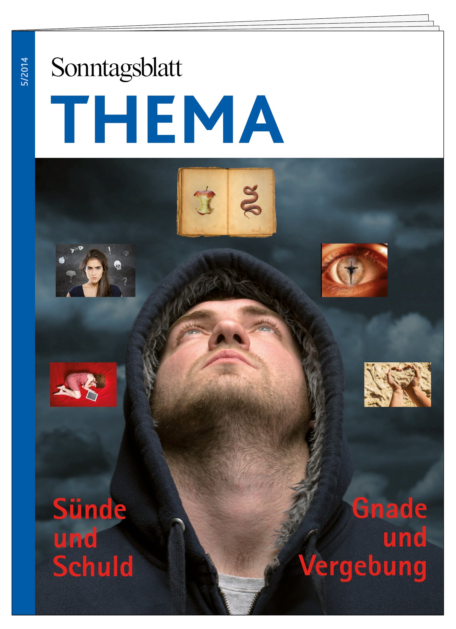Cover des THEMA-Magazins"Sünde und Schuld,  Gnade und Vergebung"
Das Bild zeigt einen Mann im Kapuzenpullover, der nach oben schaut, umgeben von Symbolen wie einer Schlange, einem Auge, ein angebissener Apfel. 