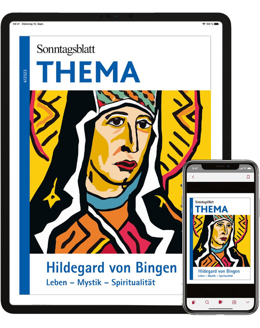 Cover des digitalen Thema-Magazins "Hildegard von Bingen"
Leben - Mystik - Spiritualität" in einem farbenfrohen, stilisierten Porträt.
Abgebildet auf Tablet und Smartphone.