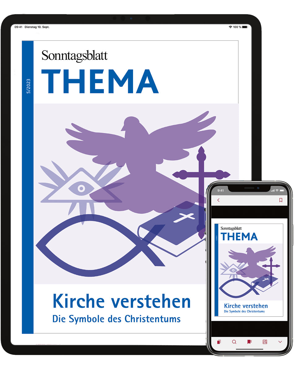 Cover des digitalen THEMA-Magazins mit dem Titel "Kirche verstehen"
Die Symbole des Christentums
Abgebildet sind Symbole wie eine Taube, ein Kreuz, ein Fischsymbol  ein sehendes Auge und ein offenes Buch. Abgebildet auf Tablet und Smartphone.