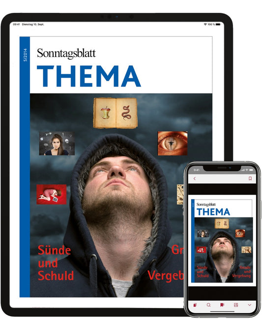 Cover des digitalen THEMA-Magazins
"Sünde und Schuld - Gnade und Vergebung"
Das Bild zeigt einen Mann mit Kapuze, er schaut nach oben, umgeben von christlichen Symbolen. 
Angezeigt auf Tablet und Smartphone