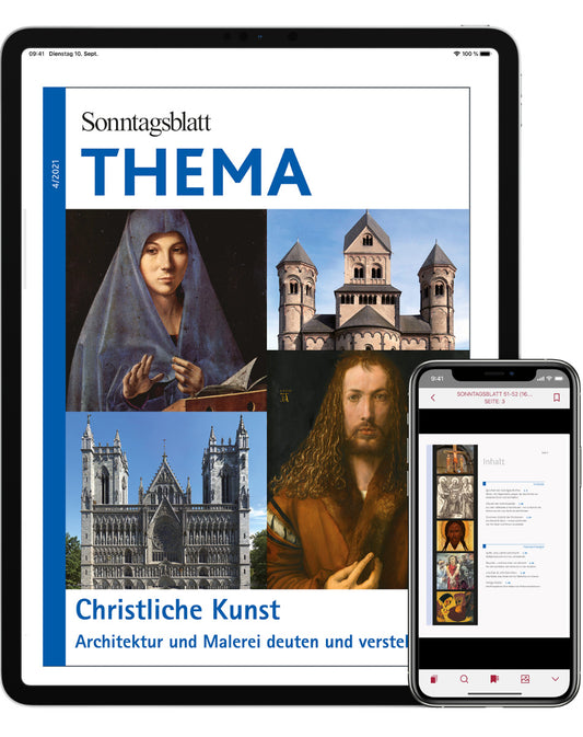 Digitales THEMA-Magazin: Christliche Kunst - Architektur und Malerei deuten und verstehen.
Collage mit christlicher Kunst: eine Madonna, ein gotisches Kirchengebäude, ein Renaissance-Porträt und ein romanisches Bauwerk.