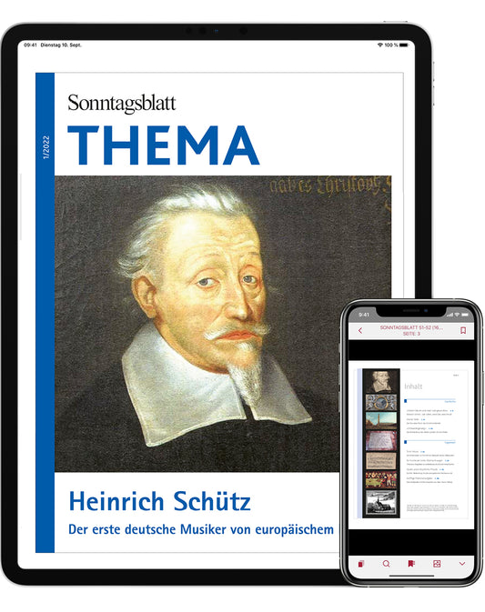 Porträt von Heinrich Schütz, einem bedeutenden deutschen Komponisten des 17. Jahrhunderts, mit grauem Bart und schwarzer Kleidung. Heinrich Schütz - Der erste deutsche Musiker vom europäischem Rang. Angezeigt auf Tablet und Smartphone.