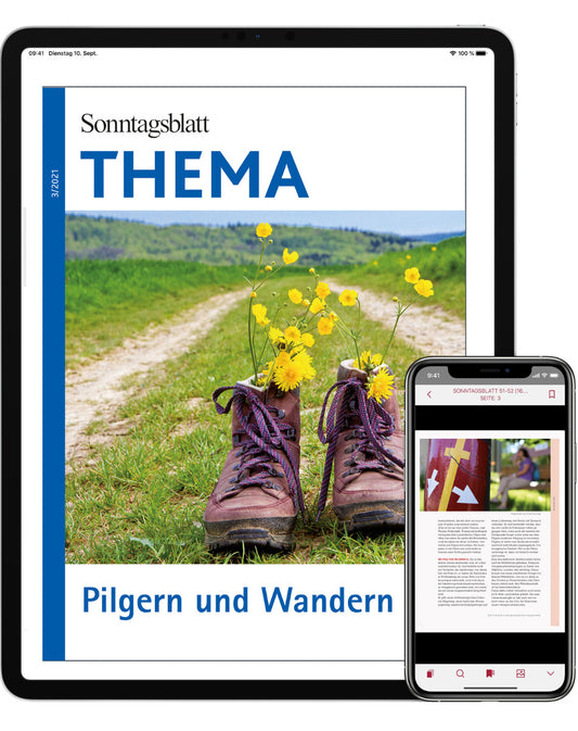 Cover des digitalen THEMA-Magazins Pilgern und Wandern. Zwei Wanderschuhe mit Blumen auf einem Weg, umgeben von Natur, auf einem Tablet und Smartphone.