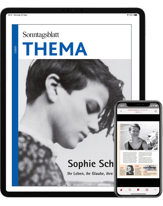 Cover des Thema-Magazins mit dem Titel "Sophie Scholl". Das  Bild zeigt eine junge Frau in Profilansicht. Ihr Leben, ihr Glaube, ihre Ideale.
Angezeigt auf Tablet und Smartphone