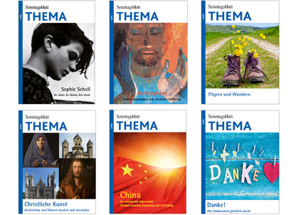 Sechs Cover der THEMA-Magazine mit verschiedenen Themen: Sophie Scholl, Auferstehung, Pilgern und Wandern, Christliche Kunst, China und Danke.