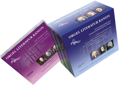 CD-Boxset "Orgel Literatur Kanon" mit zwei Verpackungen in lila und blau, zeigt Porträts von Komponisten.