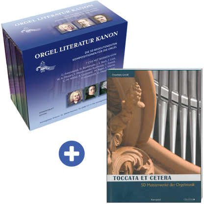 Buchcover von 'Toccata et Cetera' mit Orgelmotiv und Box 'Orgel Literatur Kanon' mit Porträts bekannter Komponisten.